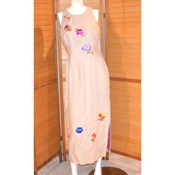 Vintage Dress Boho Shift Embroidered on Khaki Designer Trend - Picture 1 of 7